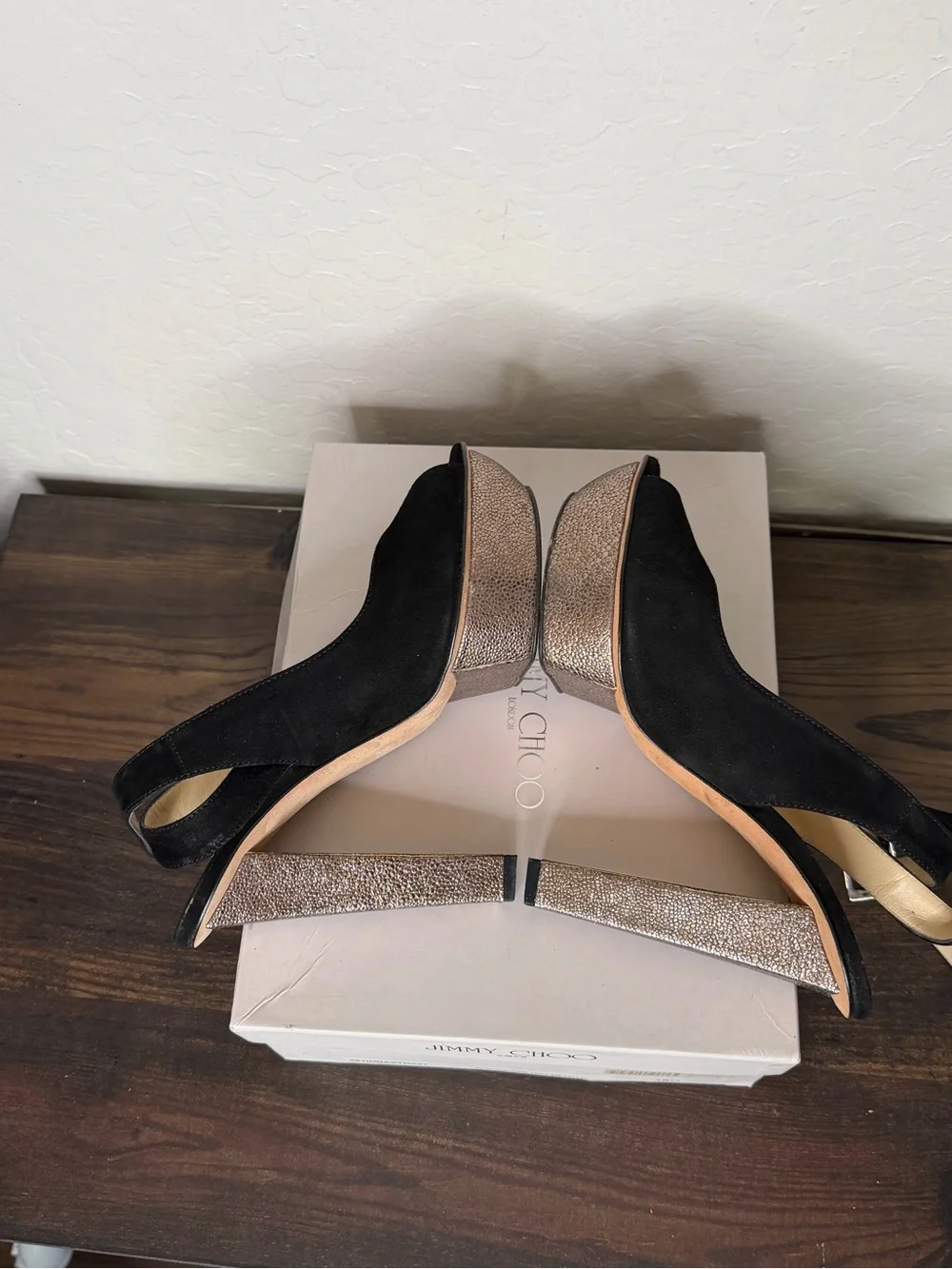 Jimmy Choo Black Suede Platform Slingback Heels with Metallic Block Heel